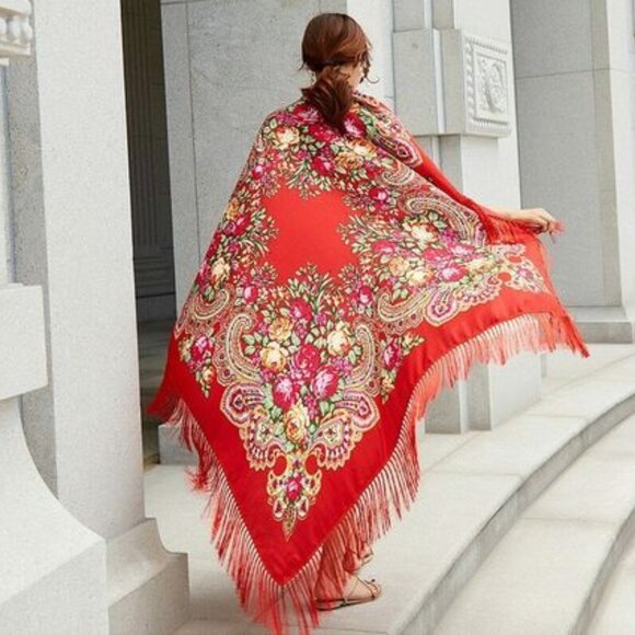 Red Boho Chic Scarf Wrap Shall Street Fashion Gypsy Scarf Spell Rose - Picture 9 of 10